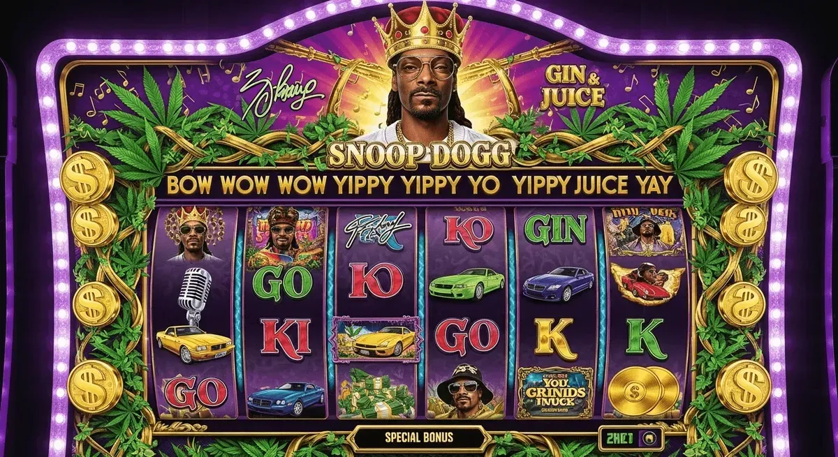 Snoop Dogg Dollars Snoop Dogg Gin & Juice slot machine with cannabis leaves and cars