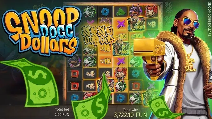 Snoop Dogg Dollars Snoop Dogg Dollars slot game with Snoop holding golden gun